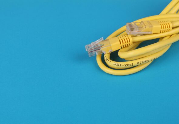 Close-up of a yellow Ethernet cable with connectors on a blue background.
