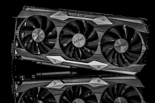 Black and white image of a graphics card with technology theme and metal reflection.